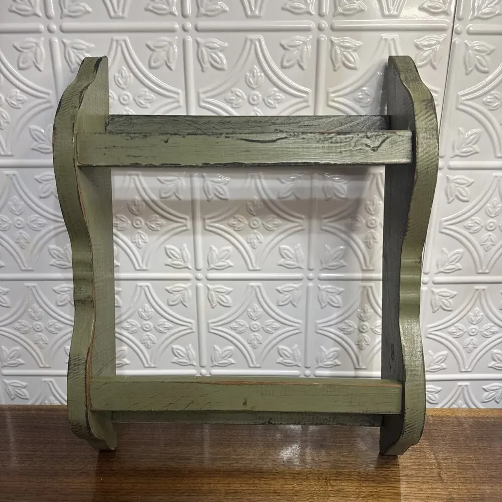 Arts Crafts Scroll Side 2-Tier Wood Wall Rack Shelf Linen/Towel Distressed Green